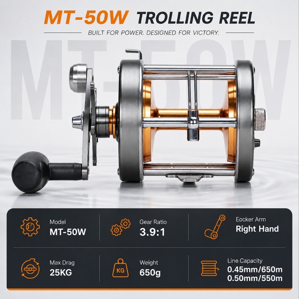 Trolling Reel - MT 50W 트롤링 릴, 오른손잡이용, 3.9:1